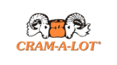 Logo de Cram-A-Lot représentant deux têtes de bélier tournées vers l'extérieur avec un compacteur orange entre les deux et le nom de la marque en texte orange en dessous.