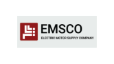 Logo EMSCO avec un motif carré rouge et un texte indiquant «&nbsp;Electric Motor Supply Company&nbsp;».