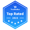Badge TrustRadius Top Rated 2023 avec cinq étoiles.