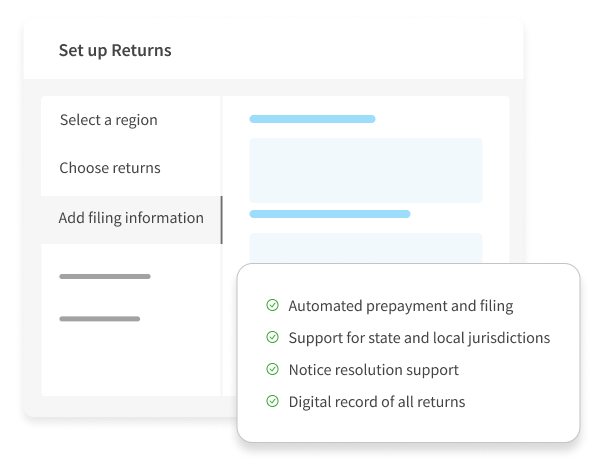 «&nbsp;Illustration d’une interface de configuration des déclarations mettant en avant des fonctionnalités comme les prépaiements automatisés, le dépôt automatique, la prise en charge des juridictions étatiques et locales, l'assistance pour la résolution des avis, l'archivage numérique de toutes les déclarations.&nbsp;»