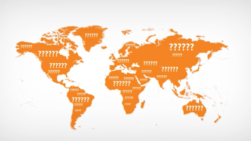 An orange world map illustration featuring question marks across different countries, representing global tariff uncertainty.