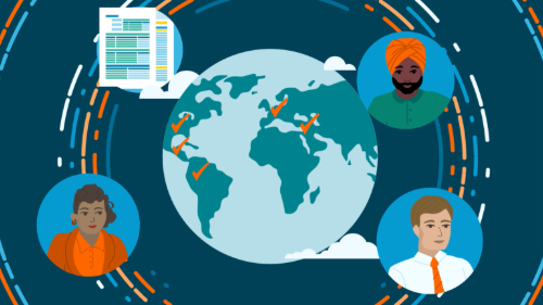 Illustration showing a globe with check marks across multiple continents, surrounded by three diverse professional avatars and a document, representing Avalara's global VAT reporting.