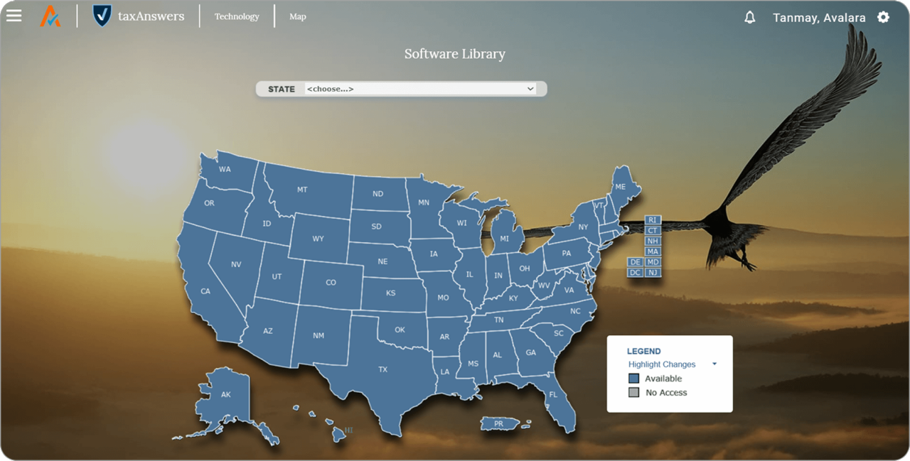 Interactive US map for Avalara's software library with state selection dropdown, legend for access status, and a soaring eagle in the background.