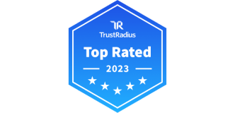 A blue hexagonal TrustRadius Top Rated 2023 award badge featuring white text and five stars at the bottom.