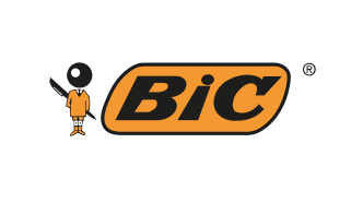 BIC logo featuring a stylised figure holding a pen next to the brand name in bold black letters on an orange background.