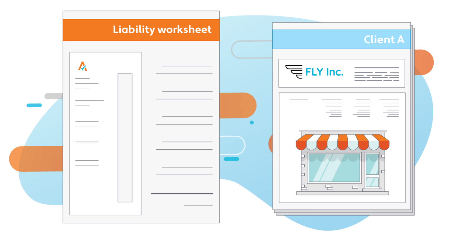Illustration of a liability worksheet and a client document for "FLY Inc." featuring a shopfront graphic, representing business tax documentation.