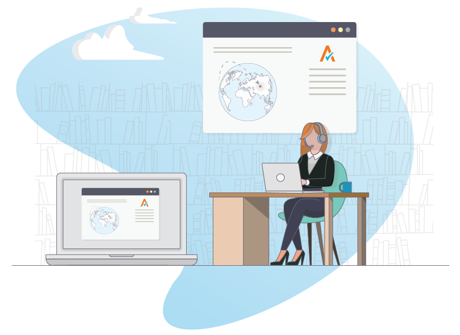 Illustration of a professional woman using a laptop with tax-related software displayed on screens, set against a background of bookshelves and a blue overlay.