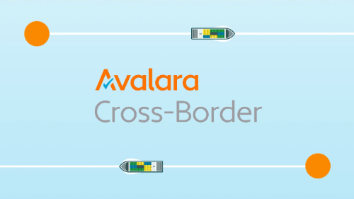 Graphic featuring the Avalara logo and the text 'Cross-Border' with illustrations of container ships and orange dots on a light blue background, representing cross-border shipping in the US.