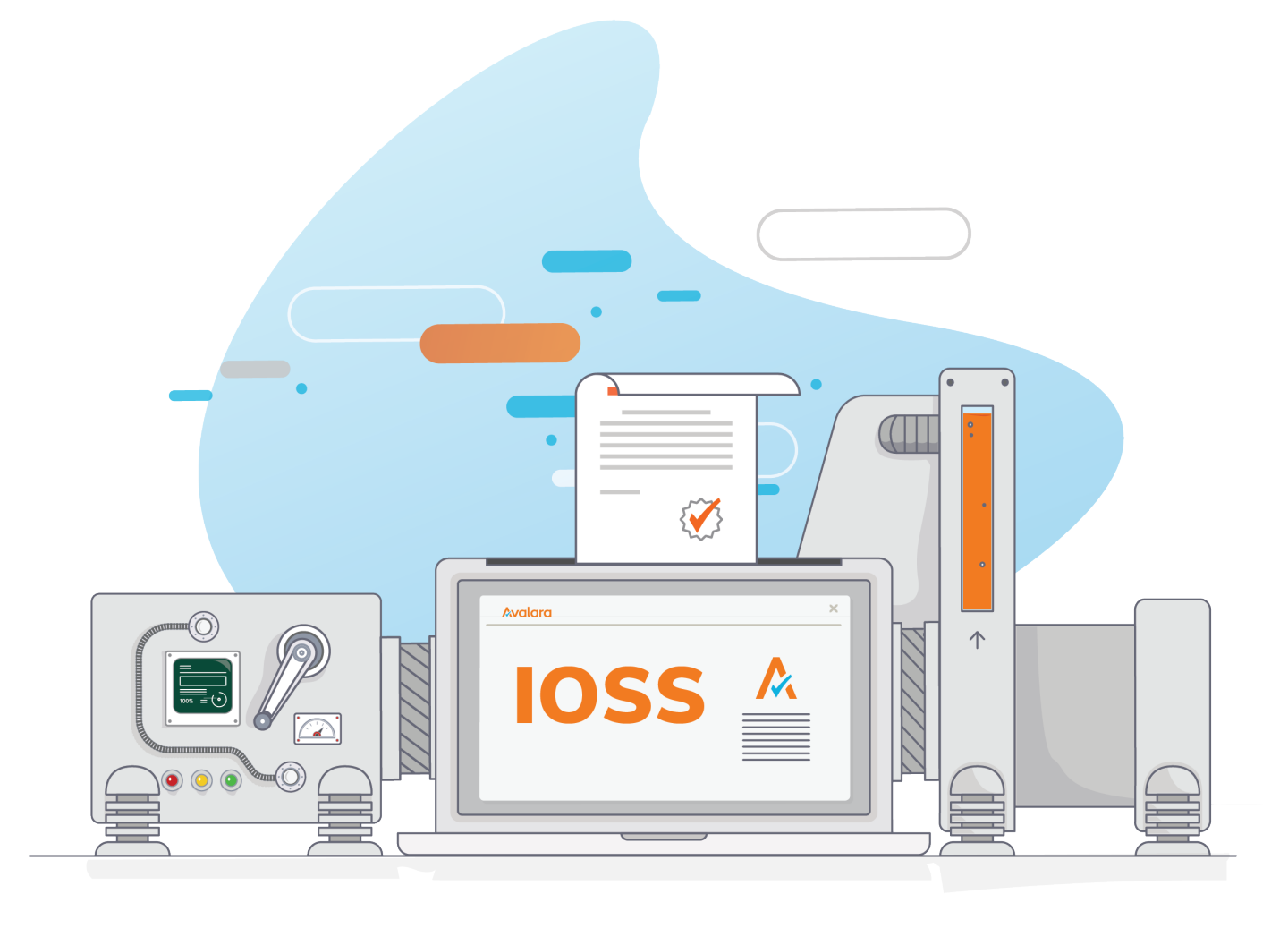 Illustration of Avalara's IOSS (Import One-Stop Shop) solution displayed on a computer screen, surrounded by machinery and a document with a tick symbol.