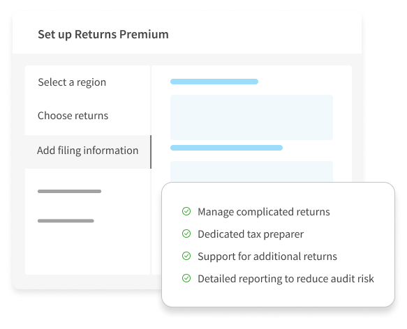 Alt-text: "Set up Returns Premium interface highlighting features like managing complex returns, dedicated tax preparer, support for additional returns, and detailed reporting to reduce audit risk."