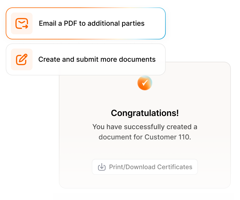 Confirmation screen indicating successful document creation for Customer 110, featuring next-step options to email the PDF, create more documents, or print and download the certificates.