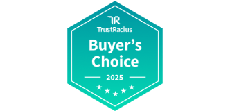 A teal hexagonal badge labeled 'TrustRadius Buyer's Choice 2025' with white text and star icons, representing a TrustRadius award.