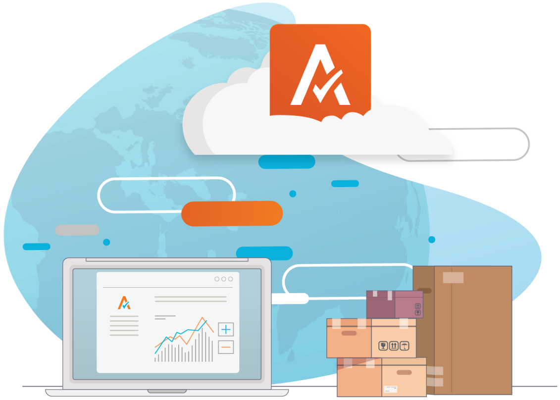 Alt-text: Illustration of Avalara's logo in a cloud above a laptop displaying tax data and graphs, with shipping boxes in the foreground and a global map in the background.