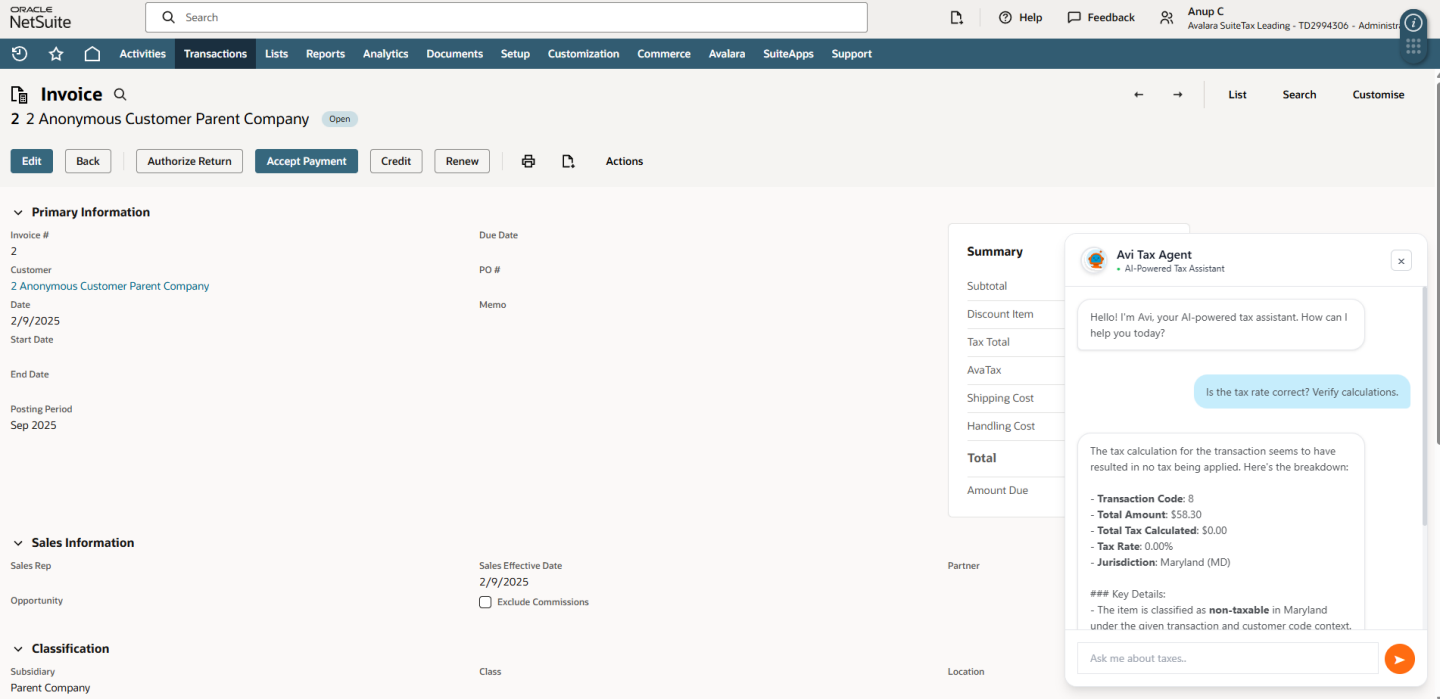 Alt-text: Screenshot of an Oracle NetSuite invoice interface showing details for "everdrise customer 12," with pending approval status, itemised charges, tax calculation, and summary totals including a tax total of $71 and amount due of $871.