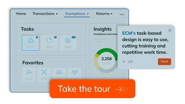 Screenshot of Avalara's Exemptions Compliance Management (ECM) dashboard with tasks, insights, and favourites sections, featuring a "Take the tour" button and a tooltip highlighting ECM's ease of use.