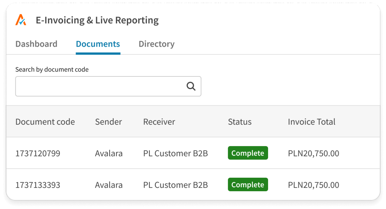 E-invoicing and Live Reporting interface showing a document list with details such as document code, sender, recipient, status marked as “Complete” and invoice totals in PLN.