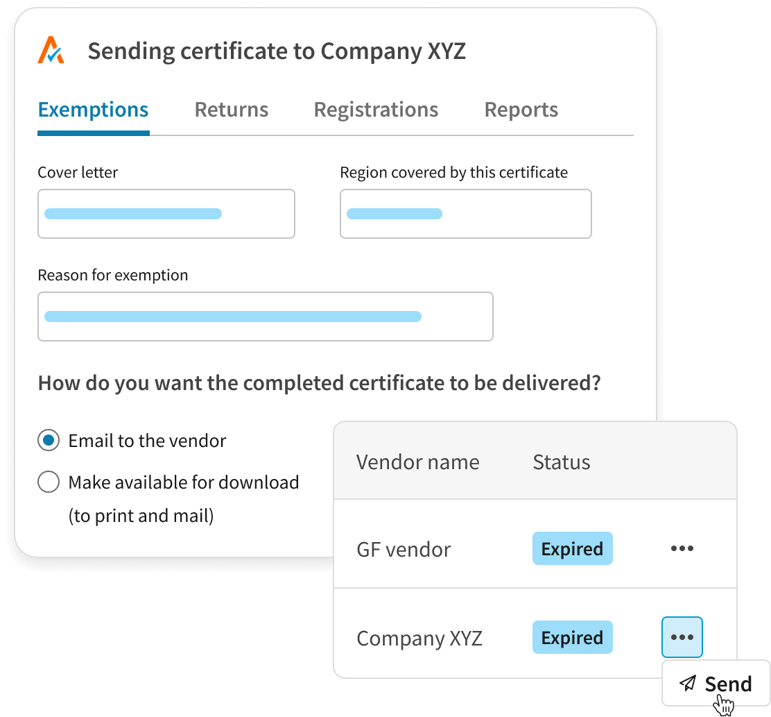 "User interface for sending a tax exemption certificate to Company XYZ, showing options to email the certificate or make it available for download, with a status table indicating expired certificates for suppliers."