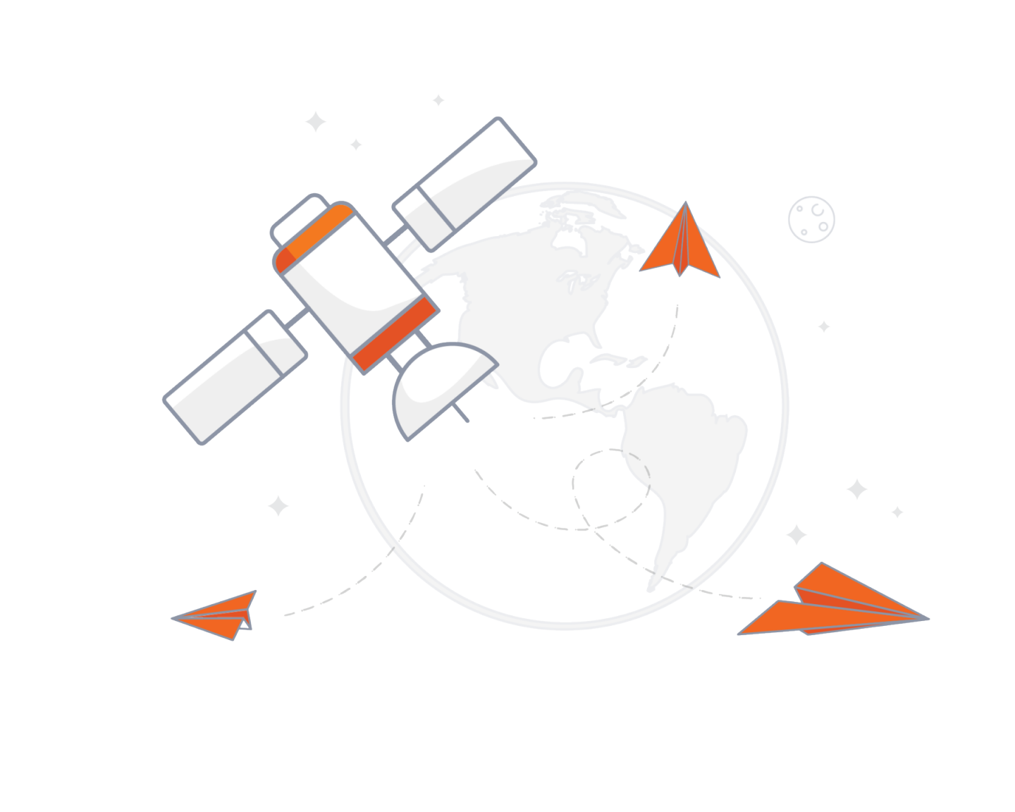 Immagine di un satellite in orbita intorno alla Terra con aeroplanini di carta arancione e linee tratteggiate, che rappresentano la connettività globale.
