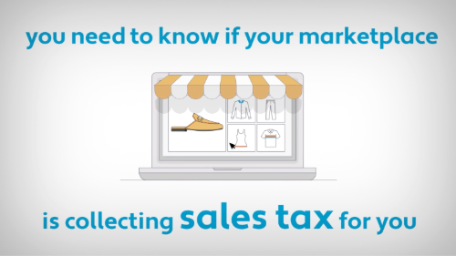 Graphic showing a laptop with a marketplace storefront and the text 'you need to know if your marketplace is collecting sales tax for you', emphasizing the importance of understanding sales tax collection in online marketplaces.