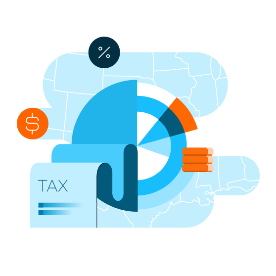 Immagine di un grafico a torta, di un documento fiscale e icone con simboli finanziari su una mappa degli Stati Uniti, che rappresentano l'analisi dei dati fiscali e finanziari.
