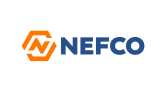 Logo di NEFCO con un esagono arancione e testo blu.