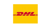 Logo di DHL con strisce e testo rosso su sfondo giallo.