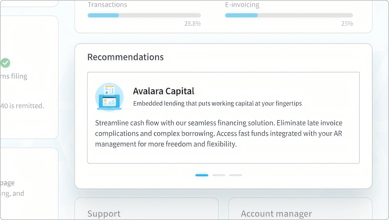 "Recommendation for Avalara Capital, highlighting embedded lending to streamline cash flow, eliminate invoice complications, and access fast funds integrated with AR management."