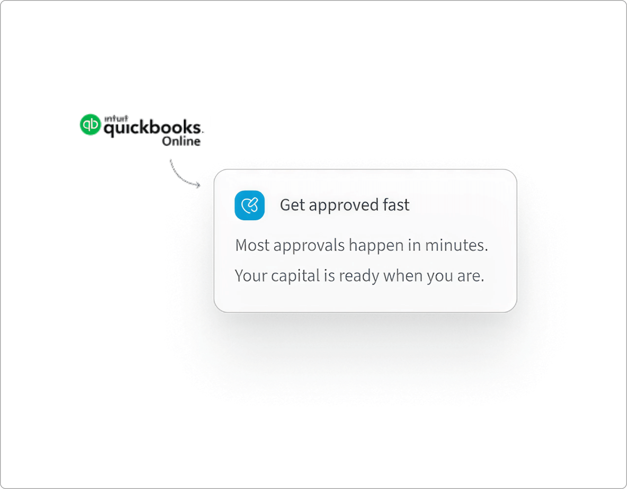 "QuickBooks Online logo with a message stating 'Get approved fast: Most approvals happen in minutes. Your capital is ready when you are.'"