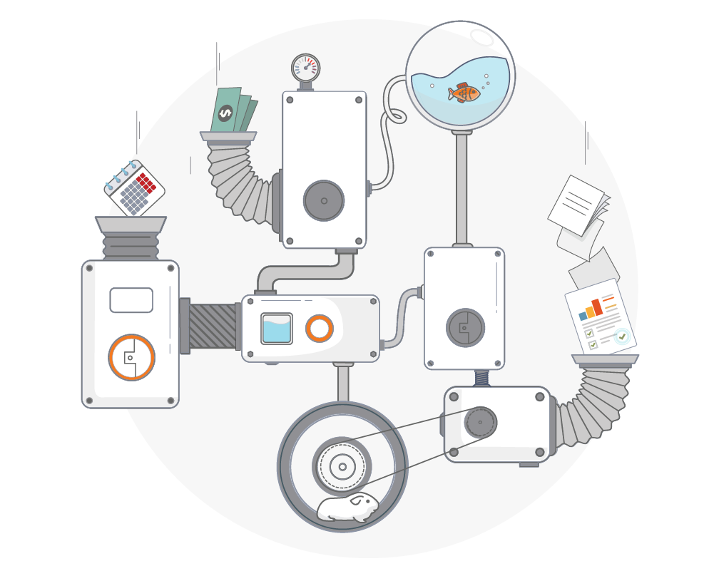 Illustration of a whimsical machine processing money, calendars, and documents, symbolizing automated business and tax solutions.