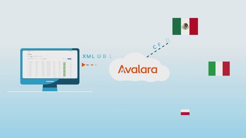Avalara promotional graphic showcasing e-invoicing and live reporting with a globe, laptop, and upward trend line.
