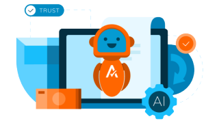 Illustration of an AI-powered robot with Avalara branding, surrounded by icons representing trust, automation, and technology.