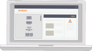 Illustration of a laptop screen displaying Avalara's tax software interface with barcodes and document layout.