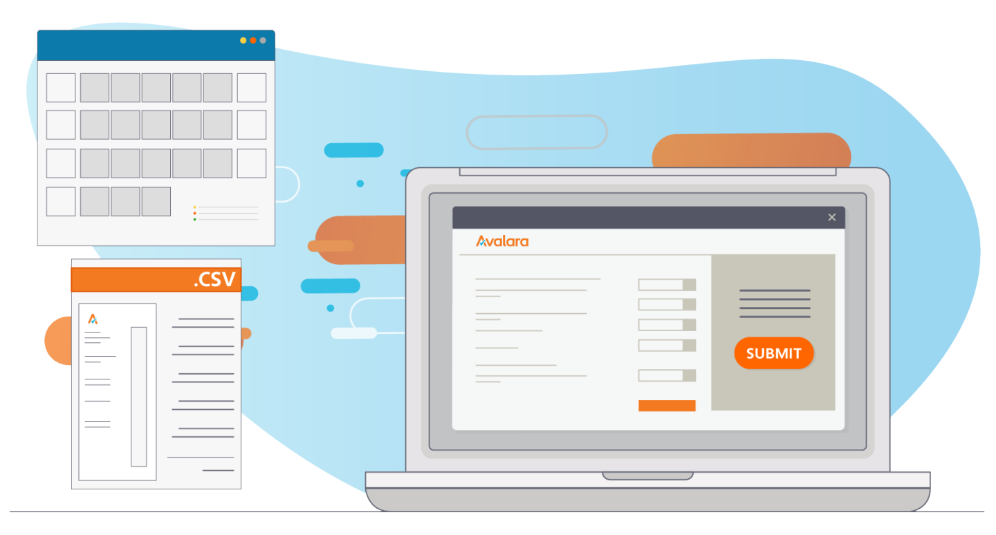Illustration of a laptop displaying an Avalara tax form submission interface, accompanied by icons of a spreadsheet and a .CSV file, representing data integration and tax automation.