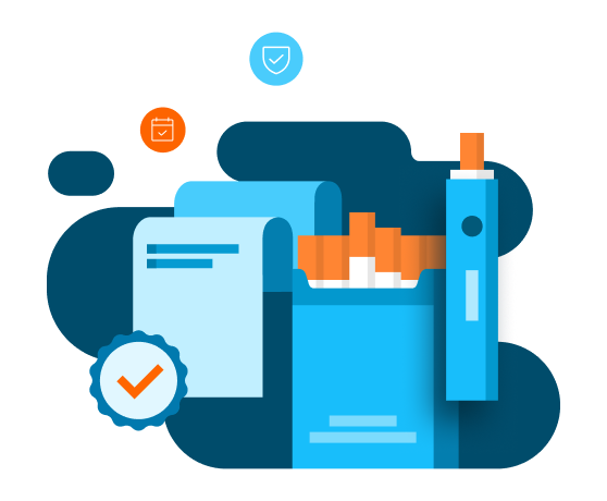 Alt-text: Illustration of tobacco products, a receipt, and compliance icons representing tax and regulatory solutions for tobacco sales.