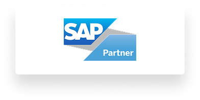 SAP logo with white text on a blue triangular background.