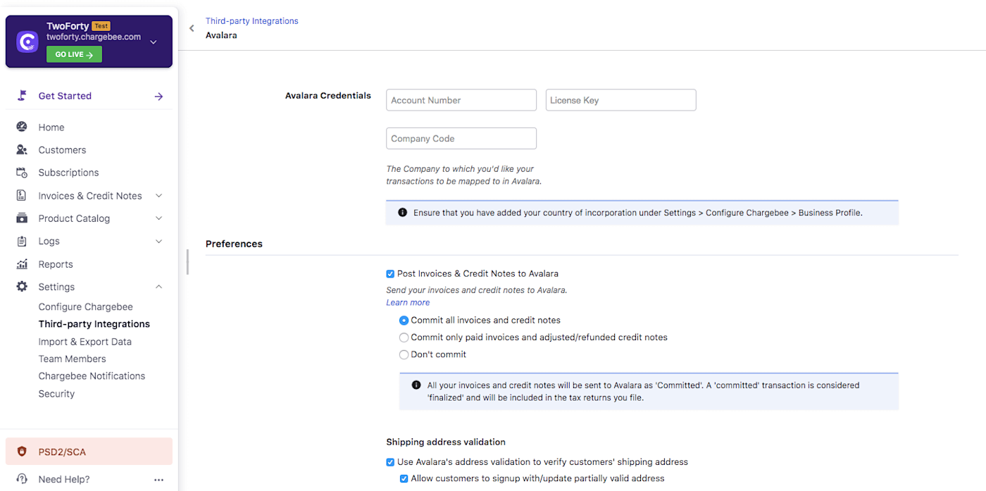 Avalara Chargebee Integration