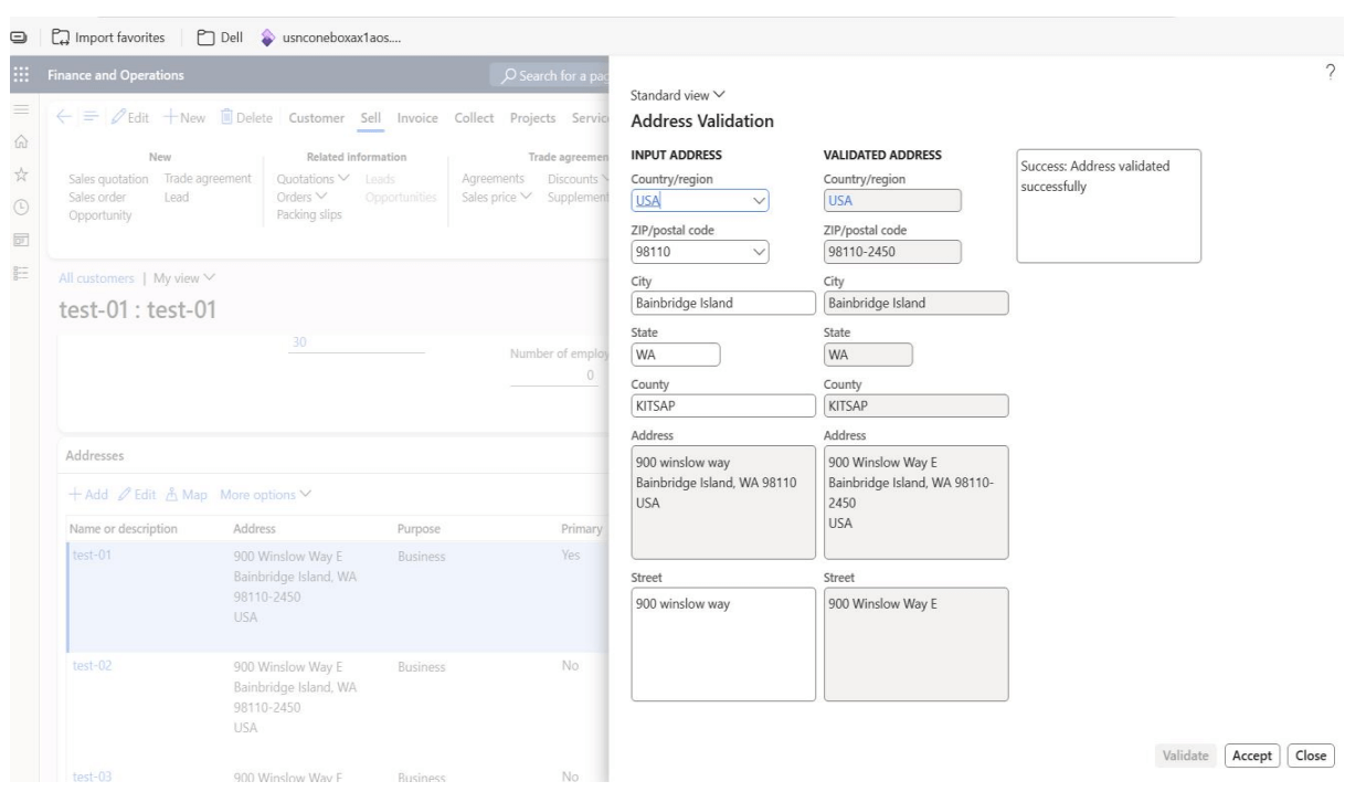 Address validation screen in Oracle NetSuite showing a successful validation message for "50 Washington Square S, New York, NY, 10012-1018, USA."