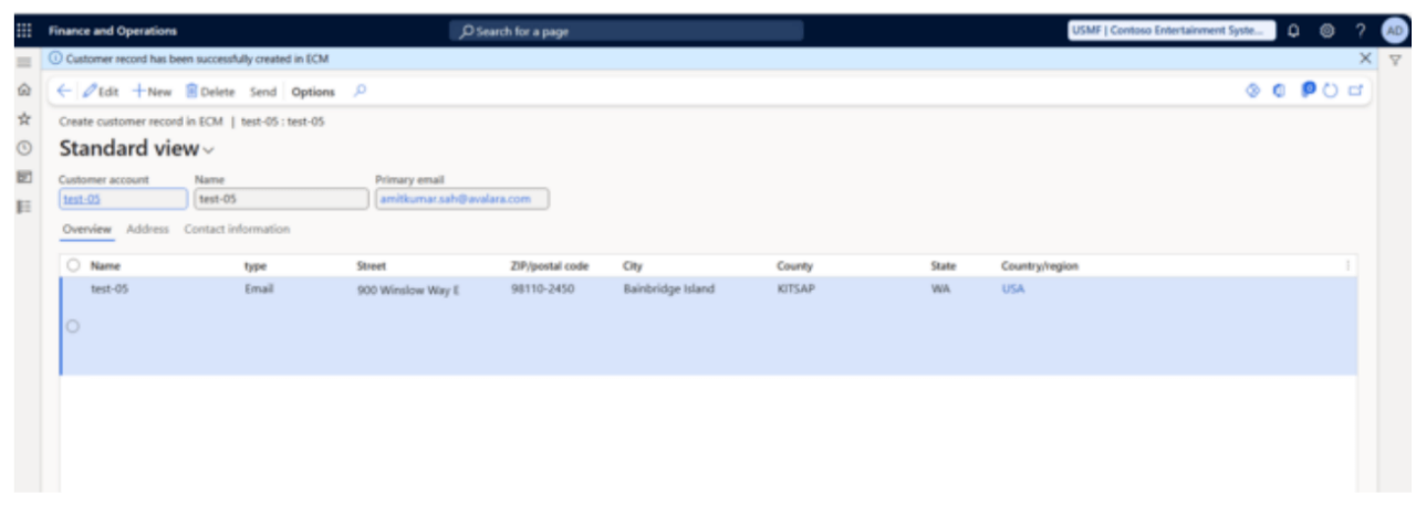"NetSuite interface showing an address entry form with a pop-up message confirming an exemption certificate request has been initiated."