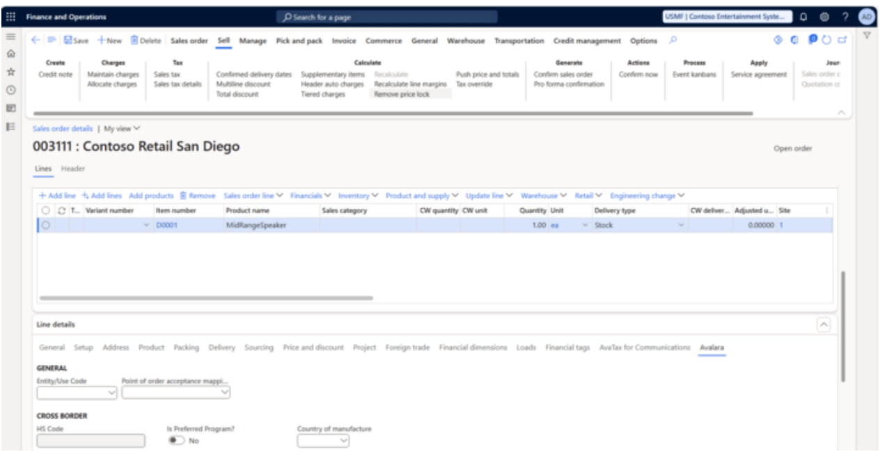 Alt text: NetSuite transaction screen showing invoice details, items with tax codes calculated using Avalara AvaTax, including aerated drinks and furniture polishing.