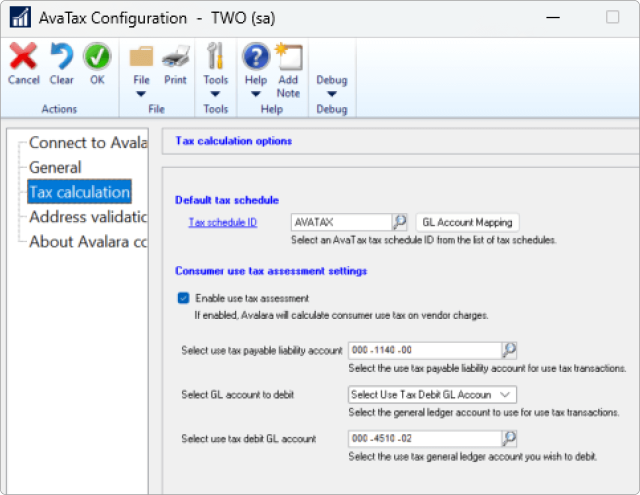 Alt text: Avalara advanced tax settings page showing toggle options to disable tax calculation for various transaction types, with all toggles set to "No" except detailed logs, which is set to "Yes."