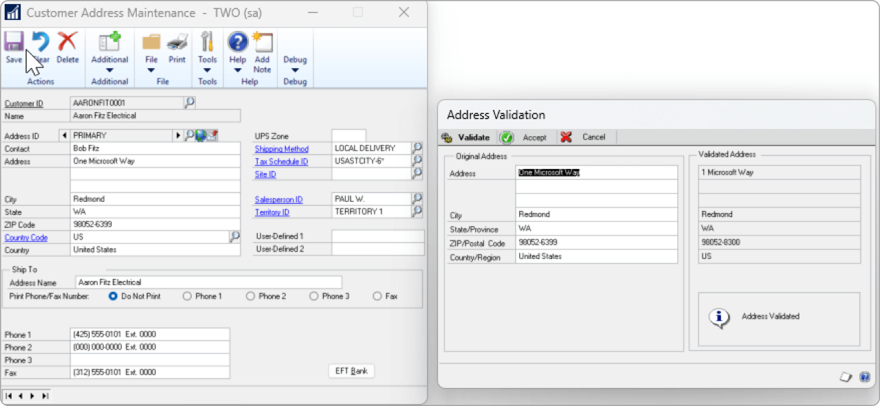 Address validation screen in Oracle NetSuite showing a successful validation message for "50 Washington Square S, New York, NY, 10012-1018, USA."