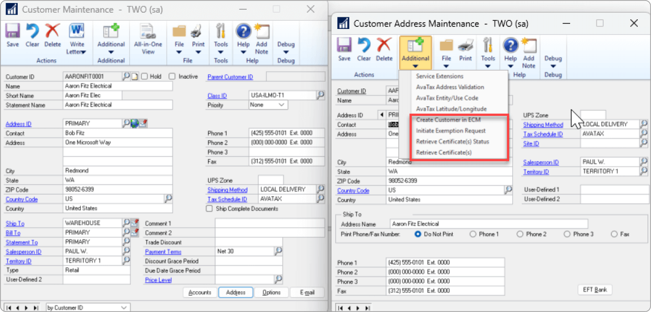 "NetSuite interface showing an address entry form with a pop-up message confirming an exemption certificate request has been initiated."