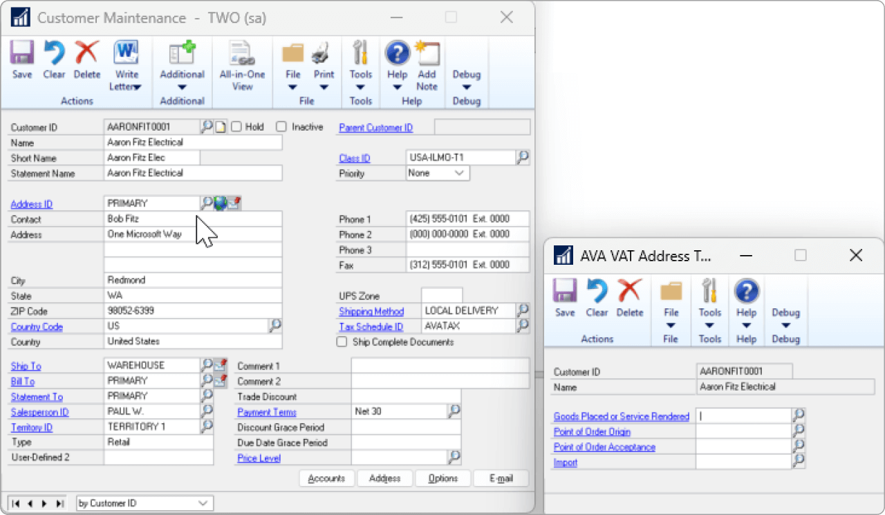 Alt text: NetSuite transaction screen showing invoice details, items with tax codes calculated using Avalara AvaTax, including aerated drinks and furniture polishing.