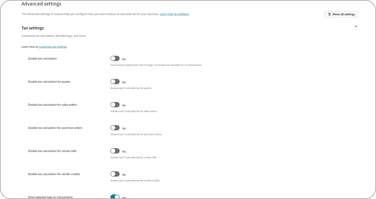 Alt text: Avalara advanced tax settings page showing toggle options to disable tax calculation for various transaction types, with all toggles set to "No" except detailed logs, which is set to "Yes."