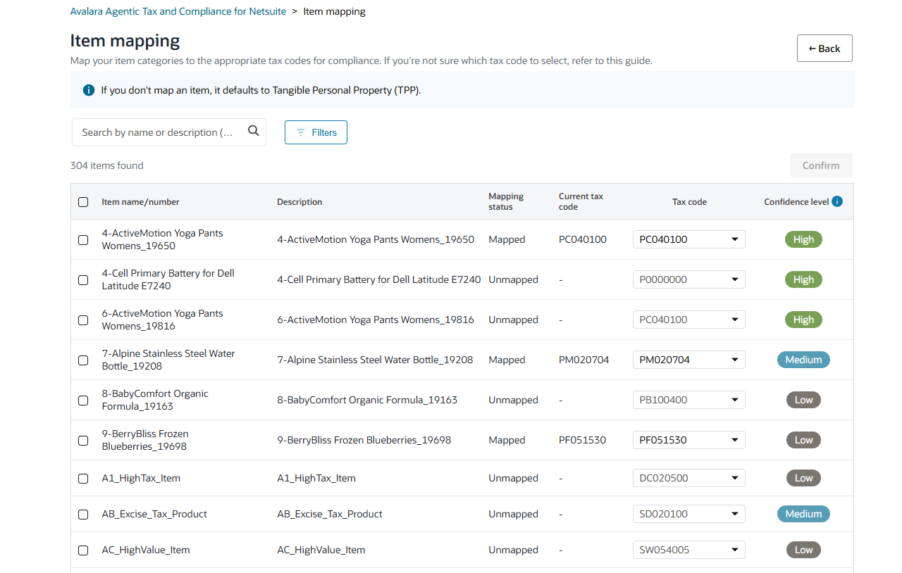 Alt text: Avalara advanced tax settings page showing toggle options to disable tax calculation for various transaction types, with all toggles set to "No" except detailed logs, which is set to "Yes."