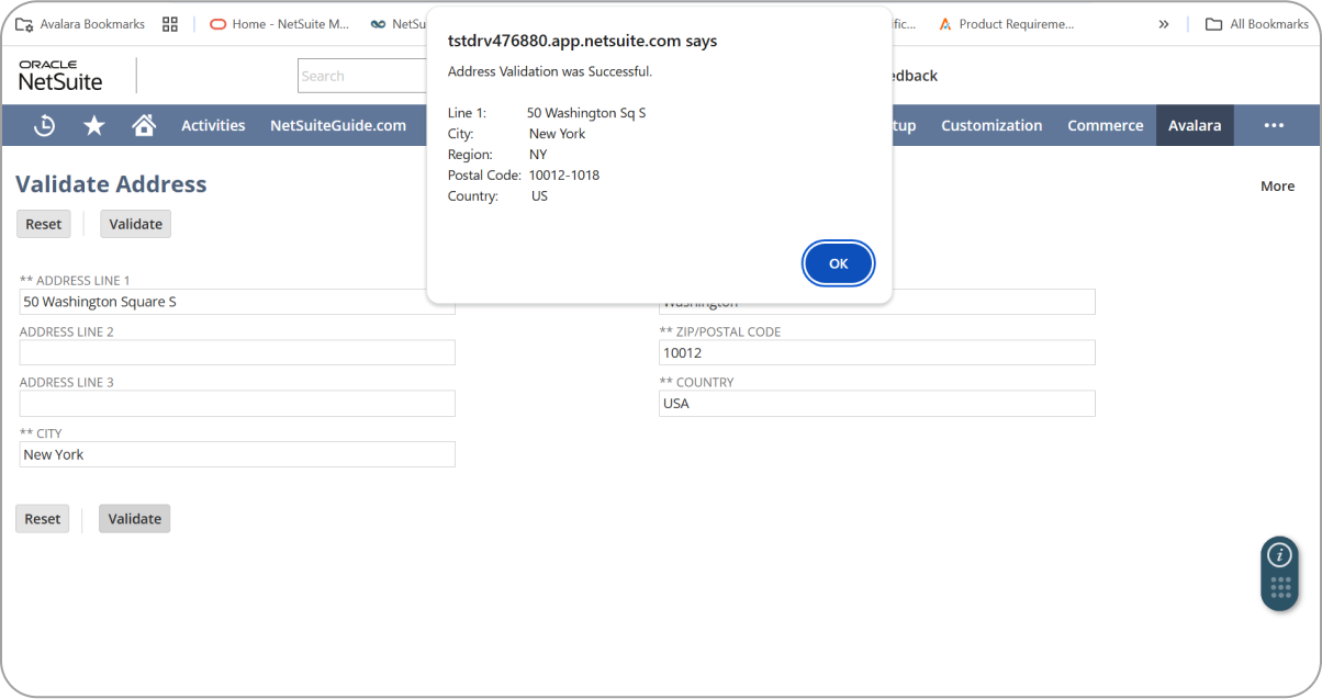 Address validation screen in Oracle NetSuite showing a successful validation message for "50 Washington Square S, New York, NY, 10012-1018, USA."
