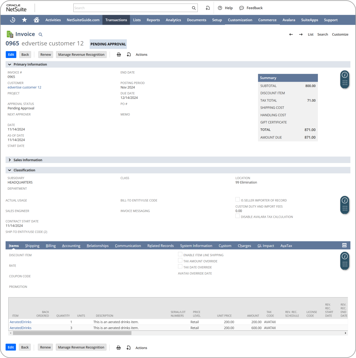 Alt-text: Screenshot of an Oracle NetSuite invoice interface showing details for "everdrise customer 12," with pending approval status, itemized charges, tax calculation, and summary totals including a tax total of $71 and amount due of $871.