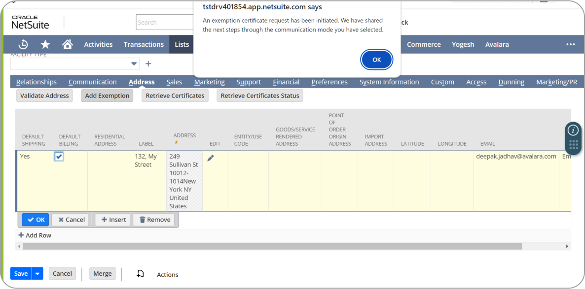 "NetSuite interface showing an address entry form with a pop-up message confirming an exemption certificate request has been initiated."