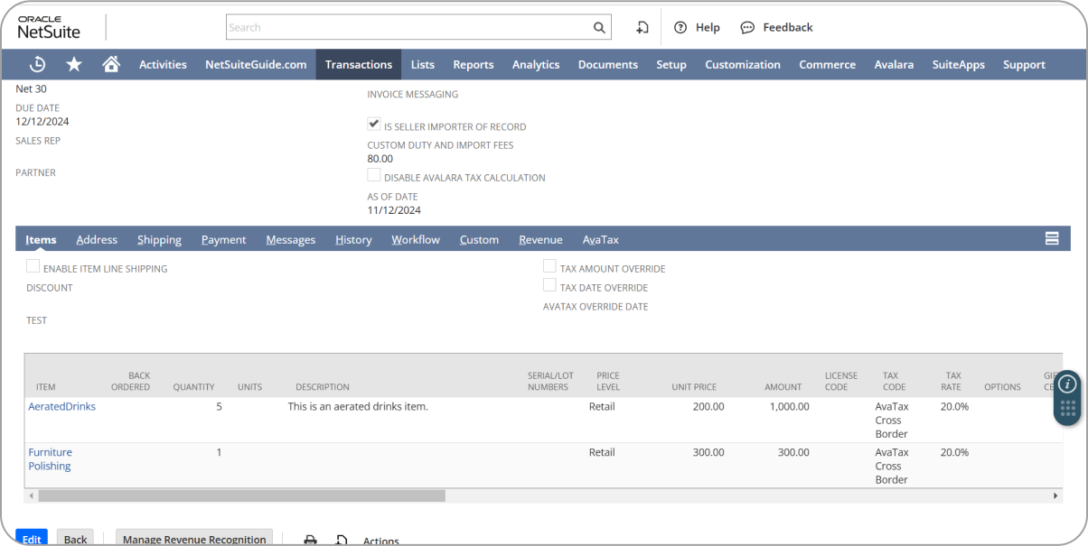 Alt text: NetSuite transaction screen showing invoice details, items with tax codes calculated using Avalara AvaTax, including aerated drinks and furniture polishing.