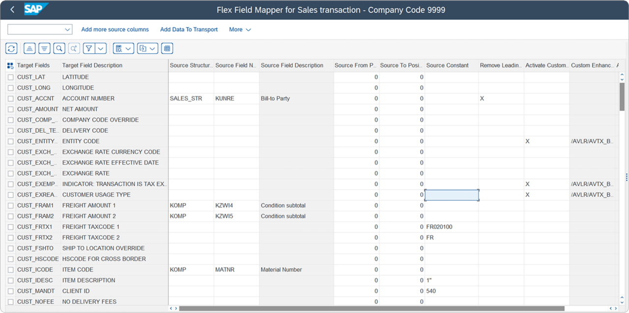 SAP Flex Field Mapper interface displaying target fields, descriptions, and source field mappings for sales transactions under Company Code 9999.